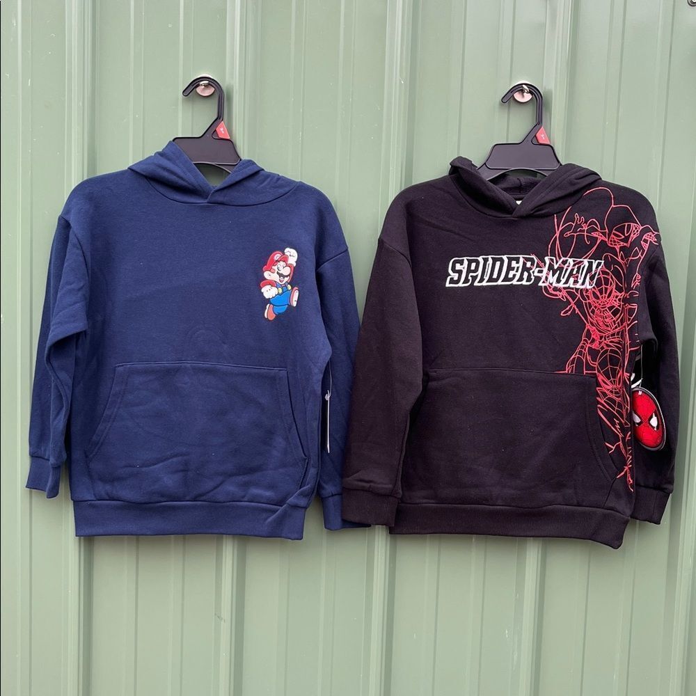 Boys Spiderman & Mario Pullover Hoodie with Long Sleeves 2-Pack Size M (8)